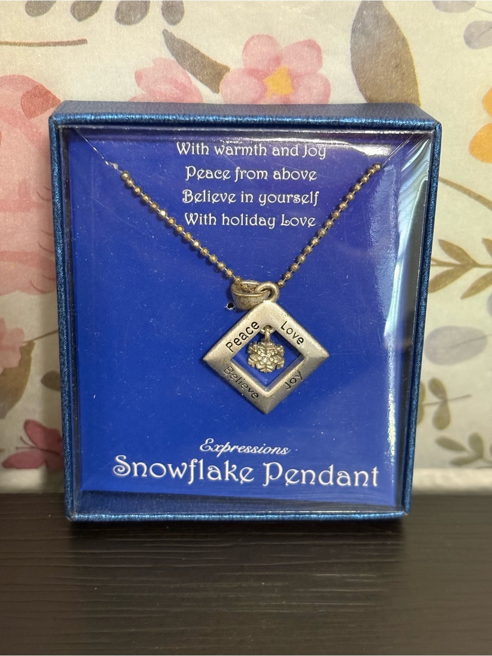 Expressions Snowflake Pendant Necklace diamond shaped engraved. New in box.